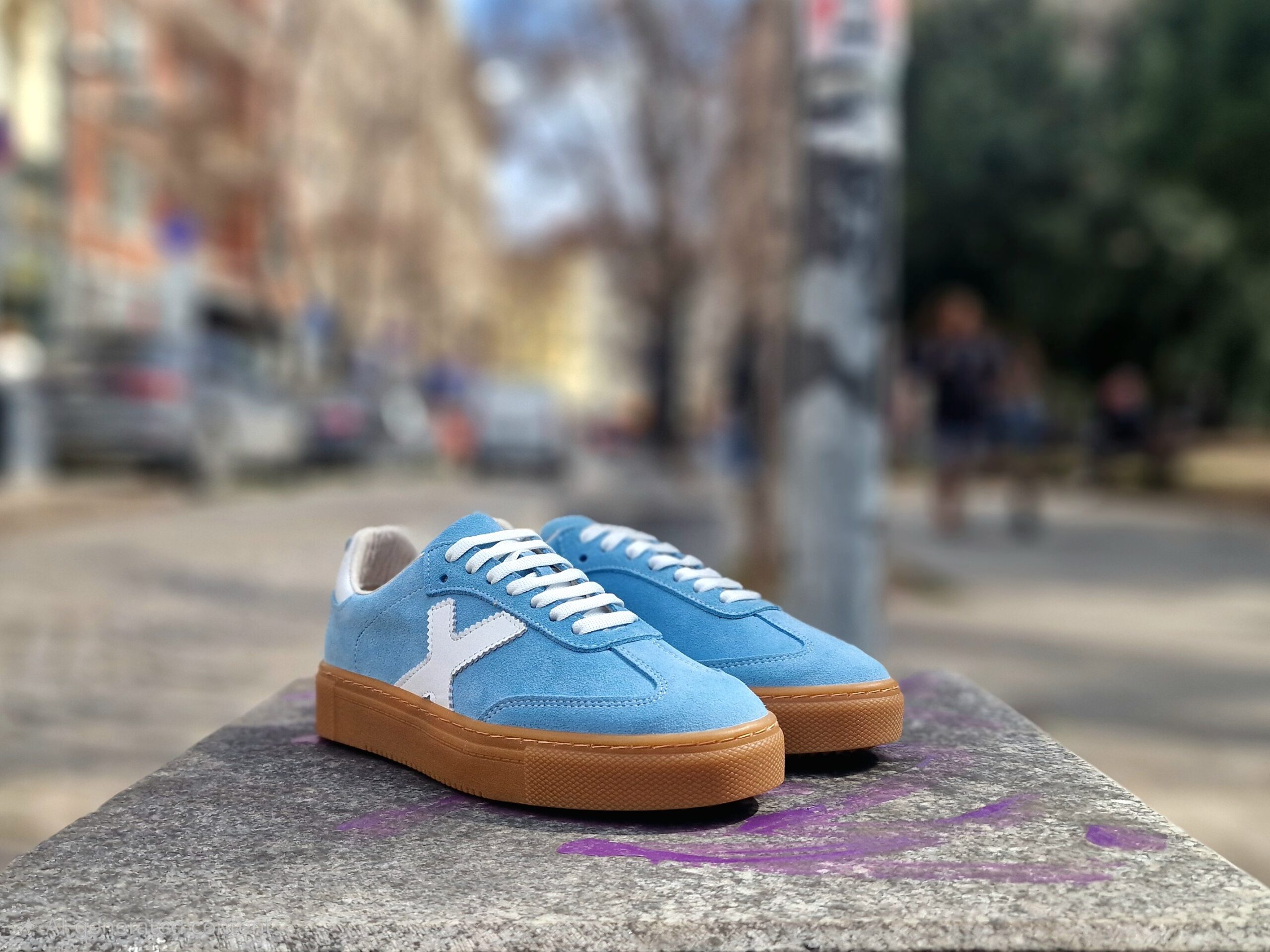 Дамски светлосини кецове от естествен велур с бял акцент и шито каучуково ходило - Image 2